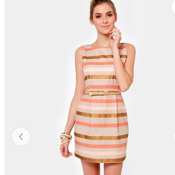 Take 50% OFF- BB Dakota Baige Striped Mini Dress, Size-6 - Picture 2 of 12